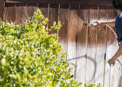 professional painter spraying house yard fence with wood stain.